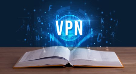 Téléchargez les photos : Inscription VPN issue d'un livre ouvert, concept de technologie numérique - en image libre de droit