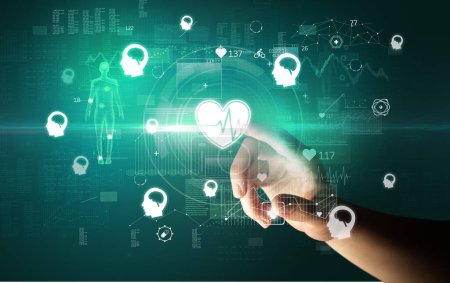 Téléchargez les photos : Médecin main appuyant sur dispositif de santé futuriste avec symbole ECG à l'écran, concept futuriste - en image libre de droit