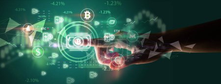 Foto de Persona de negocios mano empujando Bitcoin símbolo de dinero en efectivo en la pantalla táctil multimedia concepto futurista - Imagen libre de derechos