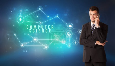 Téléchargez les photos : Homme d'affaires devant les icônes du cloud avec inscription COMPUTER SCIENCE, concept de technologie moderne - en image libre de droit