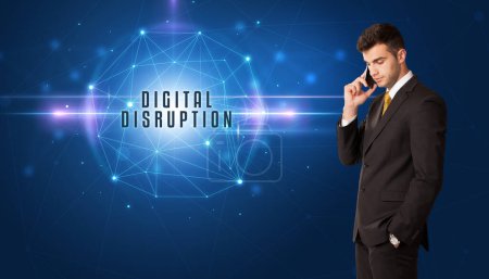 Photo for Businessman thinking about security solutions with DIGITAL DISRUPTION inscription - Royalty Free Image