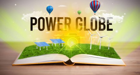 Téléchargez les photos : Livre ouvert avec inscription POWER GLOBE, concept d'énergie renouvelable - en image libre de droit