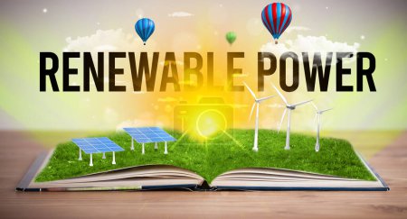 Téléchargez les photos : Livre ouvert avec inscription RENOUVELABLE POWER, concept d'énergie renouvelable - en image libre de droit
