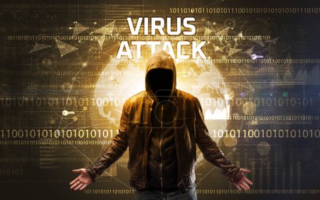 Téléchargez les photos : Hacker sans visage au travail avec inscription VIRUS ATTACK, Concept de sécurité informatique - en image libre de droit