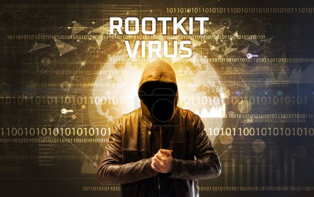 Foto de Hacker sin rostro en el trabajo con la inscripción ROOTKIT VIRUS, Concepto de seguridad informática - Imagen libre de derechos