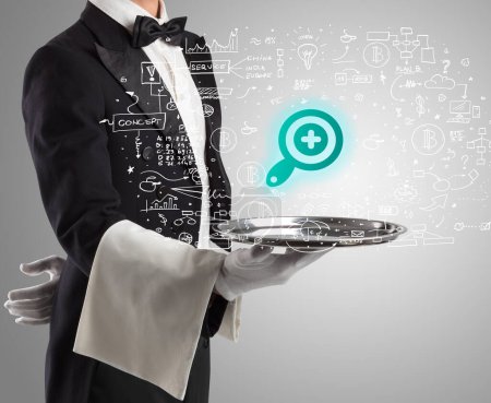 Photo for Close-up of waiter serving magnifying glass icons, social media concept - Royalty Free Image