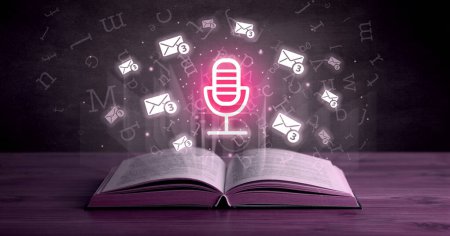 Photo for Open book with microphone icons above, social networking concept - Royalty Free Image