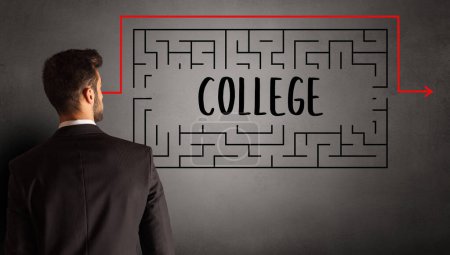 Photo for Businessman drawing maze with COLLEGE inscription, business education concept - Royalty Free Image