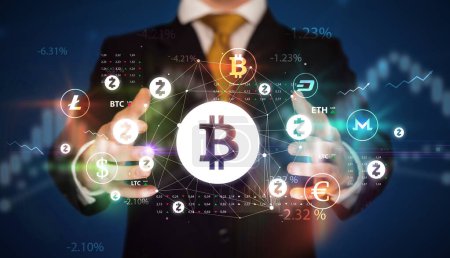 Photo for Businessman holding bitcoin symbol, investment concept - Royalty Free Image
