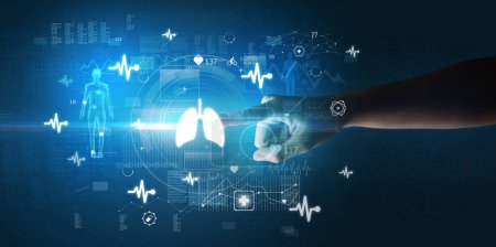 Photo for Doctor hand pressing futuristic health device with lungs symbol on screen, futuristic concept - Royalty Free Image