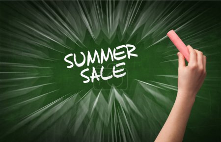 Photo for Hand drawing SUMMER SALE inscription with white chalk on blackboard, online shopping concept - Royalty Free Image