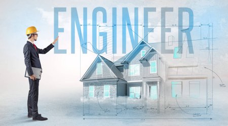 Foto de Joven ingeniero sosteniendo plano con inscripción ENGINEER, concepto de planificación de la casa - Imagen libre de derechos