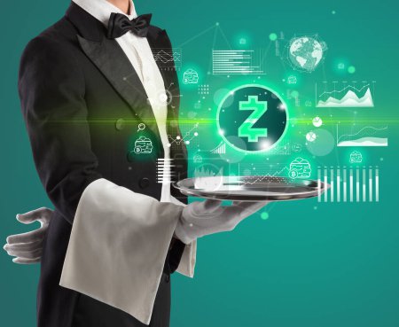 Photo for Young waiter serving zcash icons on tray, money exchange concept - Royalty Free Image