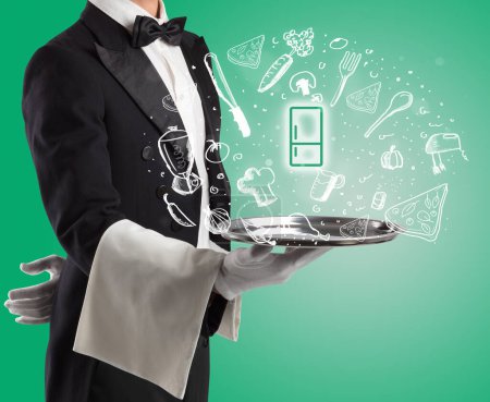 Photo for Waiter holding silver tray with fridge icons coming out of it, health food concept - Royalty Free Image