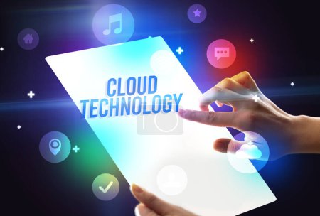 Photo for Holding futuristic tablet with CLOUD TECHNOLOGY inscription, new technology concept - Royalty Free Image