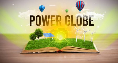 Téléchargez les photos : Livre ouvert avec inscription POWER GLOBE, concept d'énergie renouvelable - en image libre de droit