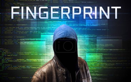 Foto de Pirata informático sin rostro con inscripción FINGERPRINT sobre un fondo de código binario - Imagen libre de derechos