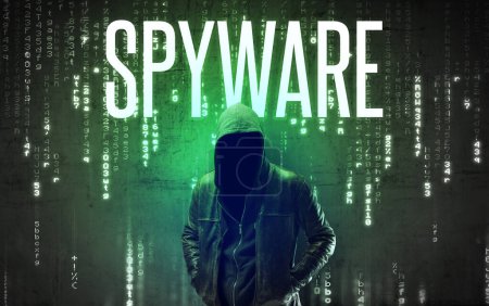 Téléchargez les photos : Hacker sans visage avec inscription SPYWARE, concept de piratage - en image libre de droit