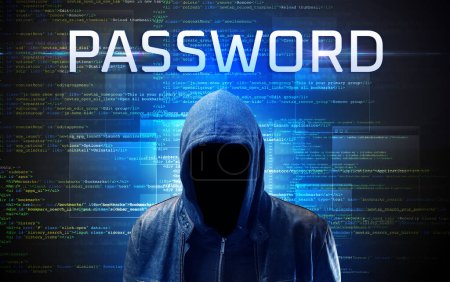 Téléchargez les photos : Hacker sans visage avec inscription PASSWORD sur un fond de code binaire - en image libre de droit