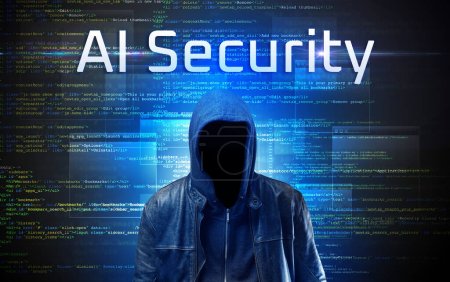 Foto de Hacker sin rostro con la inscripción AI Security en un fondo de código binario - Imagen libre de derechos