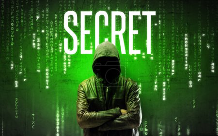 Téléchargez les photos : Hacker sans visage avec inscription SECRET, concept de piratage - en image libre de droit