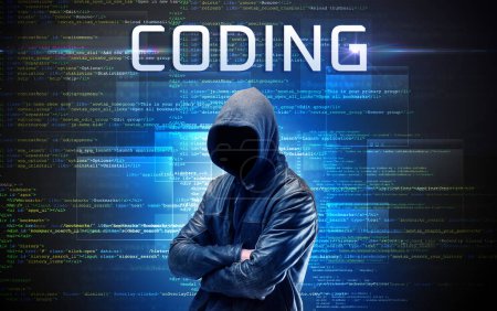 Téléchargez les photos : Hacker sans visage avec inscription CODING sur un fond de code binaire - en image libre de droit