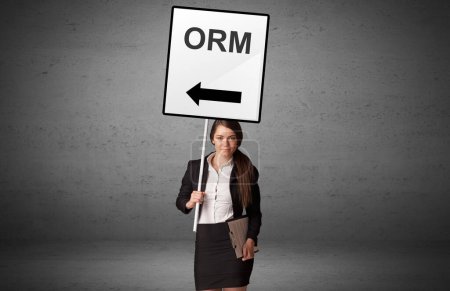 Téléchargez les photos : Homme d'affaires tenant un panneau de signalisation avec inscription ORM, nouveau concept d'idée - en image libre de droit