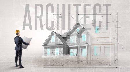 Photo for Young engineer holding blueprint with ARCHITECT inscription, house planning concept - Royalty Free Image