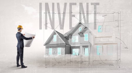 Photo for Young engineer holding blueprint with INVENT inscription, house planning concept - Royalty Free Image