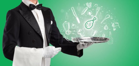 Photo for Waiter holding silver tray with thigh meat icons coming out of it, health food concept - Royalty Free Image