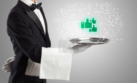 Photo for Close-up of waiter serving likes icons, social media concept - Royalty Free Image