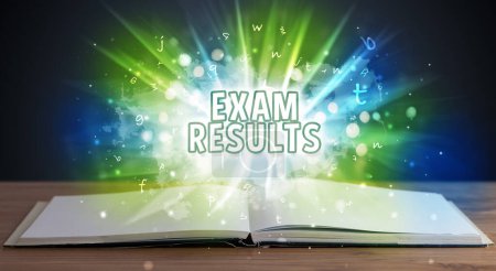 Photo for EXAM RESULTS inscription coming out from an open book, educational concept - Royalty Free Image