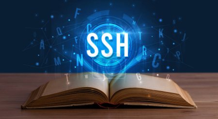 Téléchargez les photos : Inscription SSH issue d'un livre ouvert, concept de technologie numérique - en image libre de droit