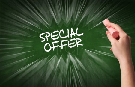 Photo for Hand drawing SPECIAL OFFER inscription with white chalk on blackboard, online shopping concept - Royalty Free Image