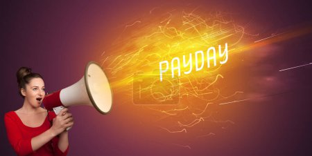 Photo for Young girld shouting in megaphone with PAYDAY inscription, online shopping concept - Royalty Free Image