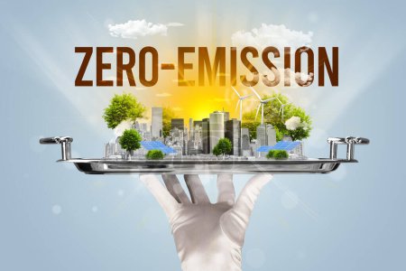 Téléchargez les photos : Serveur au service de la ville écologique avec inscription ZERO-EMISSION, concept d'énergie renouvelable - en image libre de droit