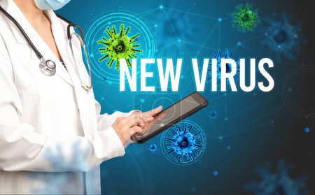 Photo for Doctor prescribes a prescription with NEW VIRUS inscription, pandemic concept - Royalty Free Image