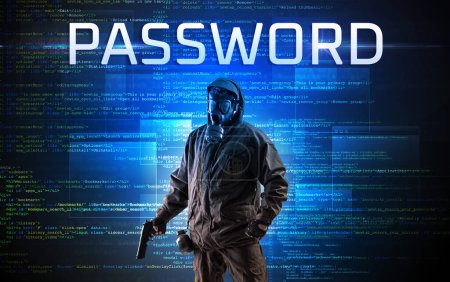 Photo for Faceless hacker with PASSWORD inscription on a binary code background - Royalty Free Image