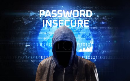 Photo for Faceless hacker at work with PASSWORD INSECURE inscription, Computer security concept - Royalty Free Image