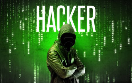 Foto de Hacker sin rostro con inscripción HACKER, concepto de hacking - Imagen libre de derechos
