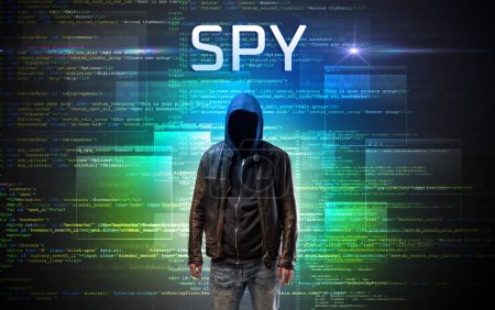 Photo for Faceless hacker with SPY inscription on a binary code background - Royalty Free Image