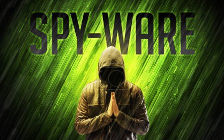 Téléchargez les photos : Homme mystérieux avec inscription SPY-WARE, concept de sécurité en ligne - en image libre de droit