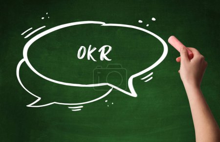 Photo for Hand drawing OKR abbreviation with white chalk on blackboard - Royalty Free Image