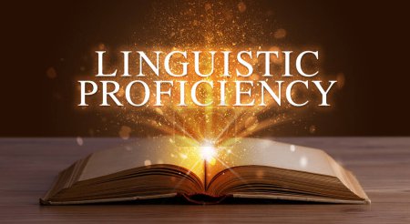 Photo for LINGUISTIC PROFICIENCY inscription coming out from an open book, educational concept - Royalty Free Image