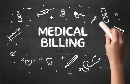 Photo for Hand drawing MEDICAL BILLING inscription with white chalk on blackboard, medical concept - Royalty Free Image
