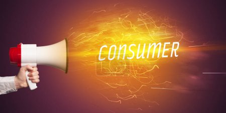 Photo for Young girld shouting in megaphone with CONSUMER inscription, online shopping concept - Royalty Free Image