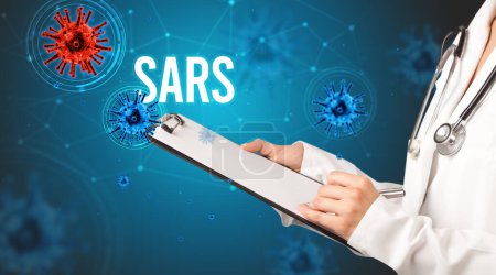 Photo for Doctor prescribes a prescription with SARS inscription, pandemic concept - Royalty Free Image