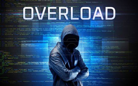 Photo for Faceless hacker with OVERLOAD inscription on a binary code background - Royalty Free Image