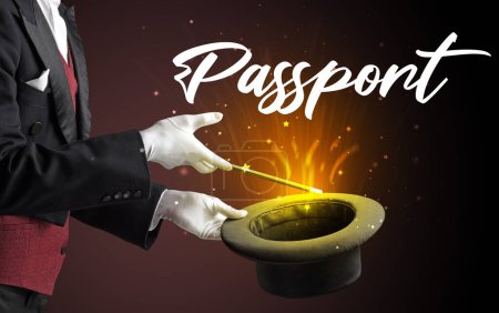 Photo for Magician is showing magic trick with Passport inscription, traveling concept - Royalty Free Image