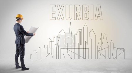 Photo for Businessman in hard hat holding blueprint with EXURBIA inscription, engineering and architecture concept - Royalty Free Image